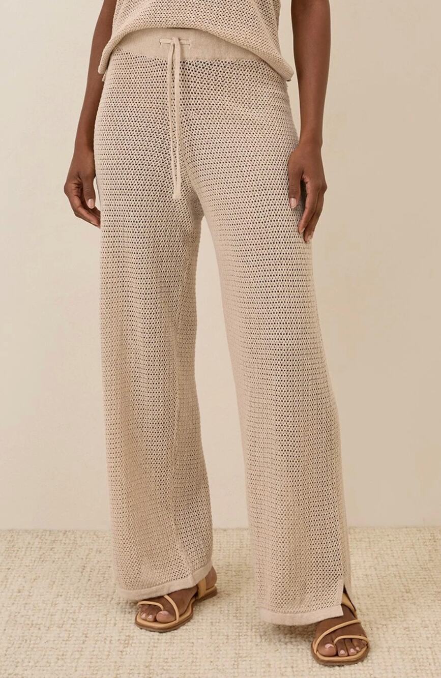 Pact Womens Sandshell Beachside Crochet Knit Beach Pants Tan Beige Small